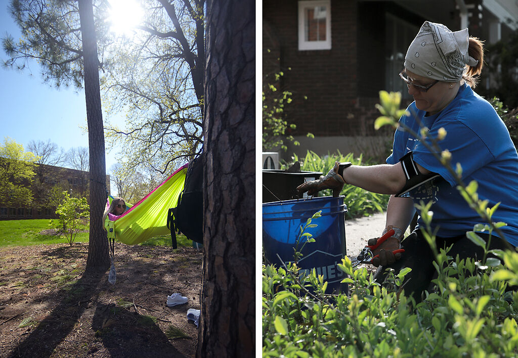 MU sophomore Lucy Dozier hangs in a hammock (diptych)
